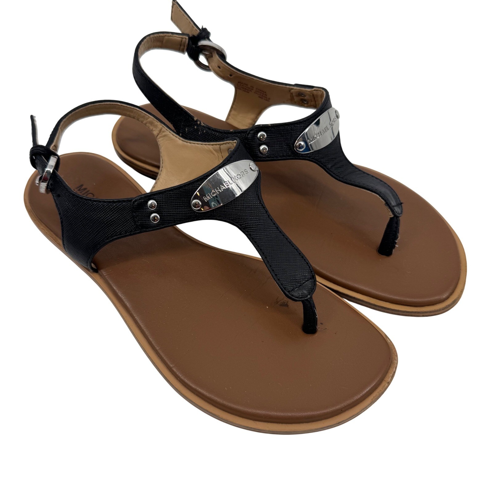 Michael Kors Women’s MK Plate Logo Thong Flat Sandal Black Leather Size 6