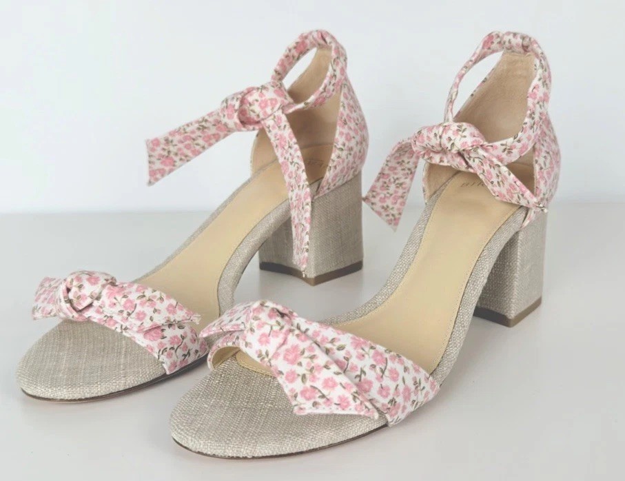 Alexandre Birman Floral Bow Block Heel Sandals Pink Linen Ankle Tie EU 37 US 7
