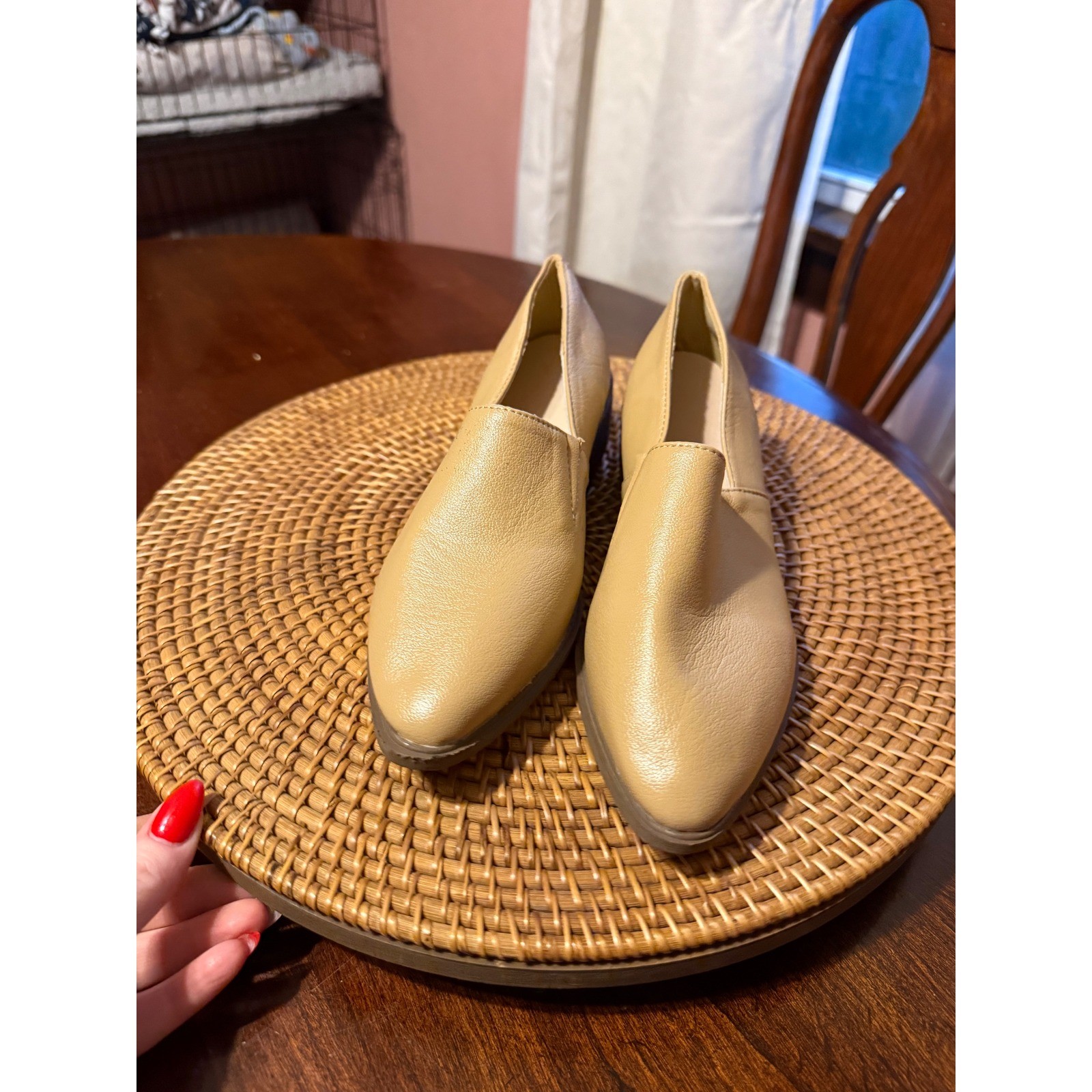 Vero Cuoio Tan Leather Pointed Toe Slip On Loafers Low Block Heel Beige Shoes