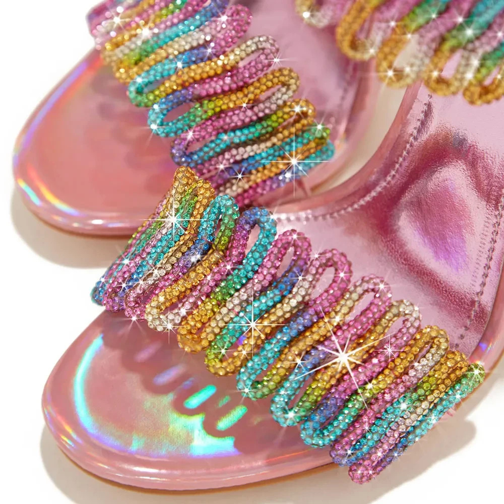 Pink Open-toe Strap Wrap Around Multicolor Rhinestone Heeled Sandals FSJ20231120