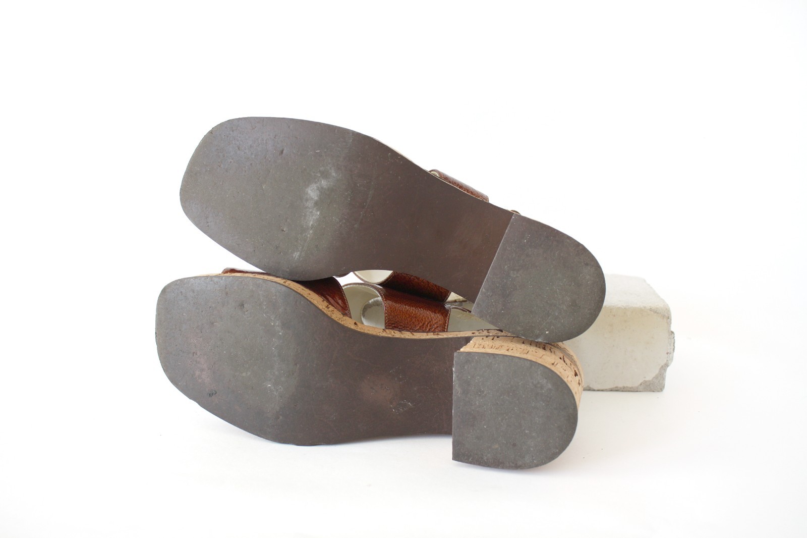 1960s Brown Open Toe Shoes with Gold Accents Block Heel and Cork Sole