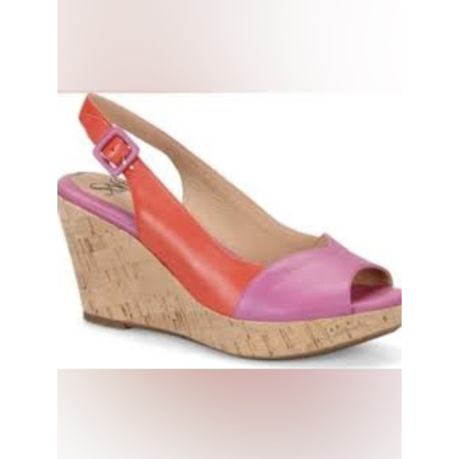 Sofft Ordelia Leather Cork Wedge Sandals Peep Toe Pink Orange Size 8M