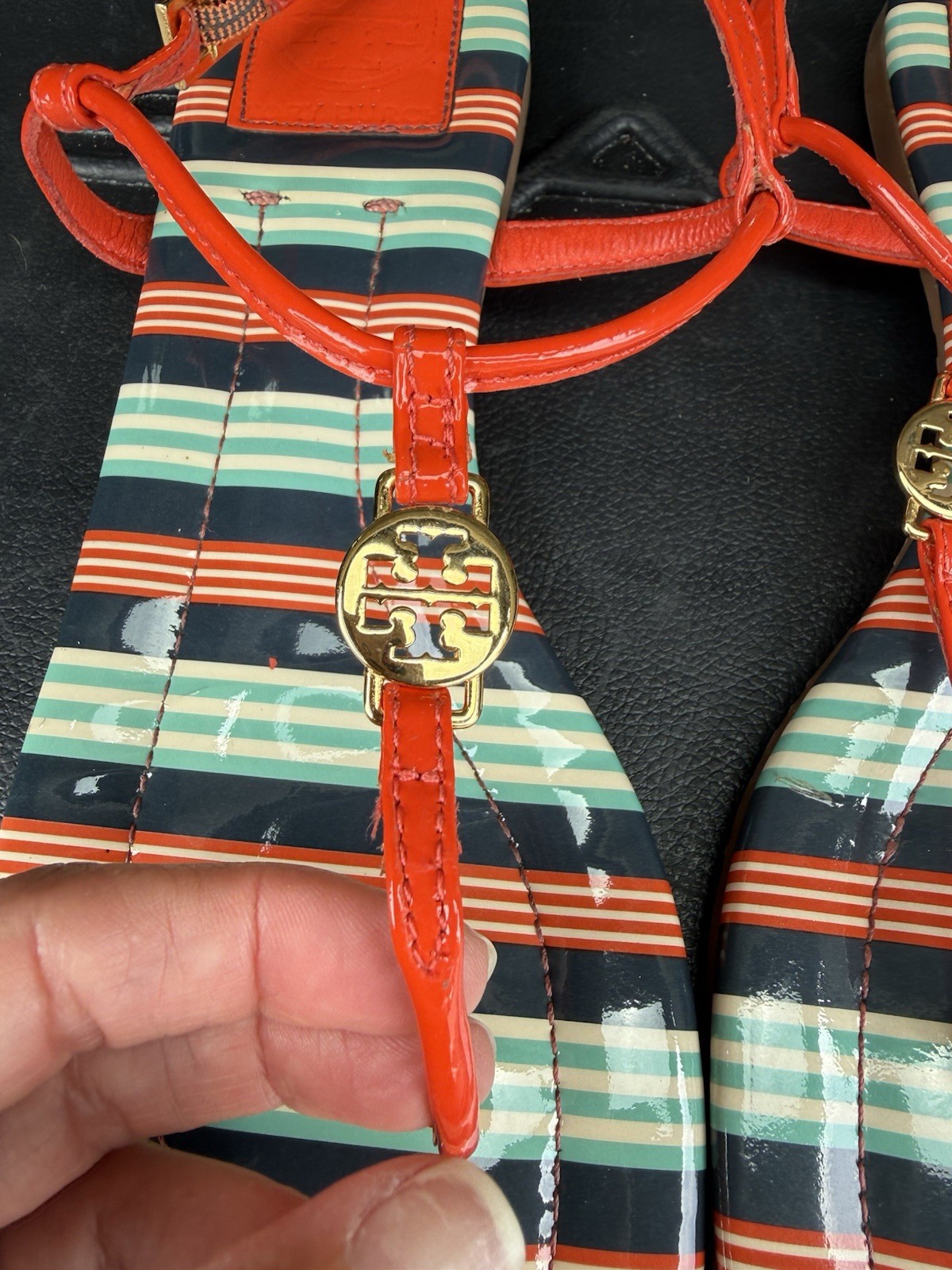 Tory Burch Womens Leather Thong Sandals Striped Orange Multicolor Logo US 8