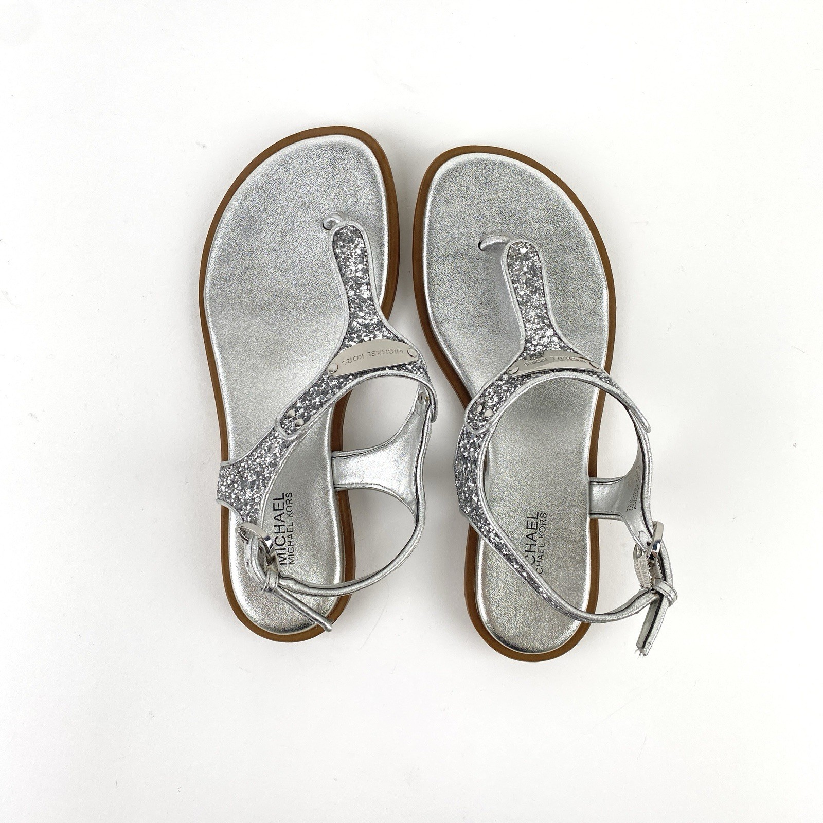 Michael Kors MK Plate Silver Glitter Thong Ankle Strap Sandals Women’s Size 6.5M