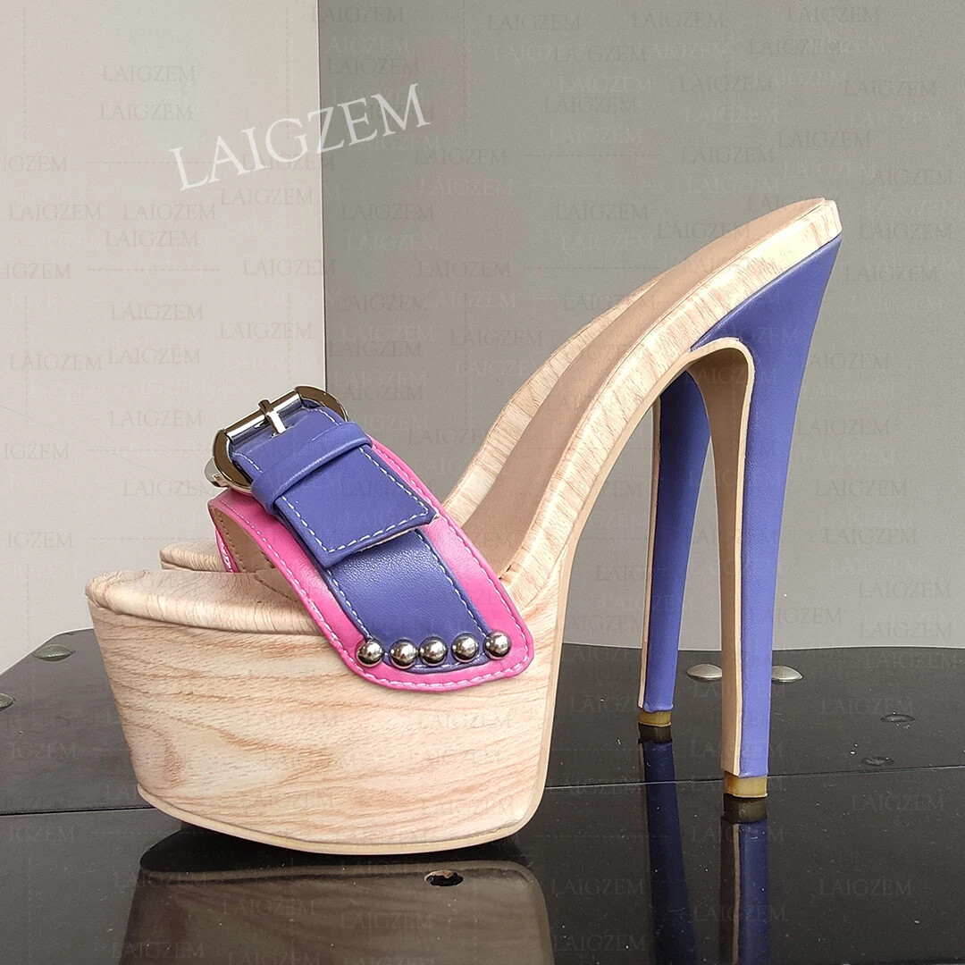 Women Mules Open Toe Slip On Faux Leather Thin High Heeled Slides Shoes Woman