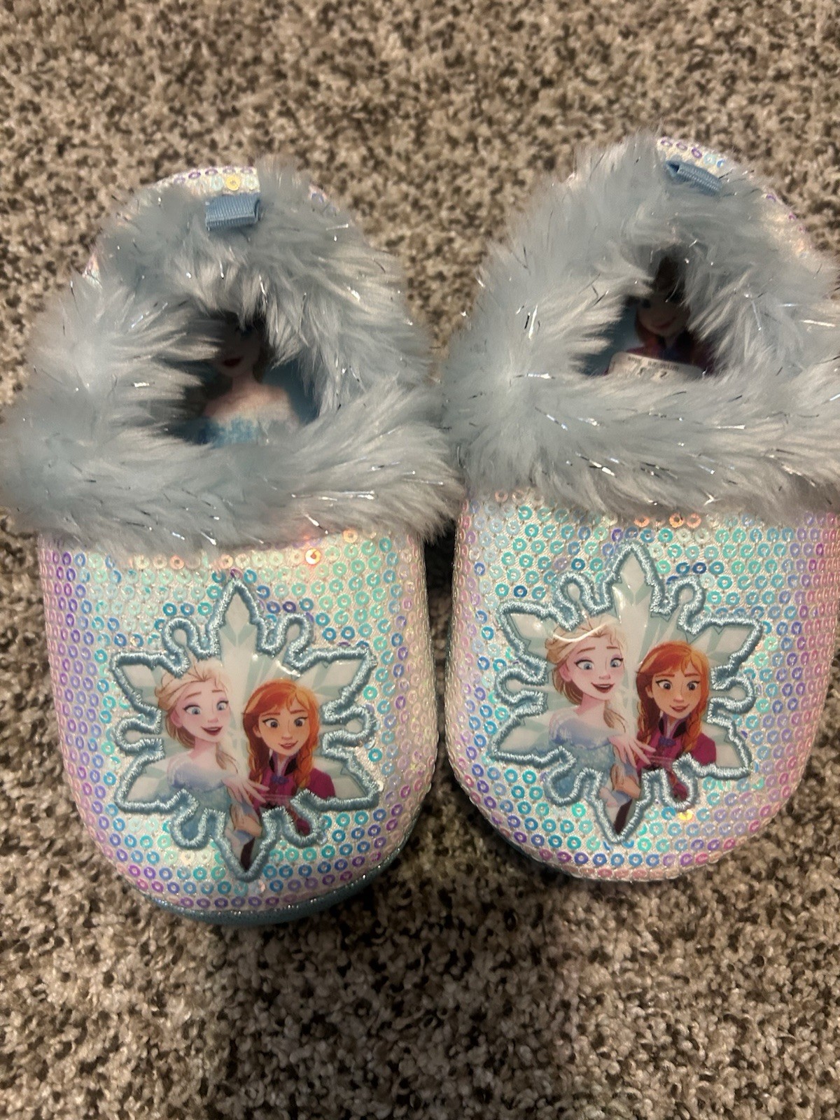 Disney Frozen Elsa & Anna Slip-On Clog Slippers Faux Fur Holographic 9-10