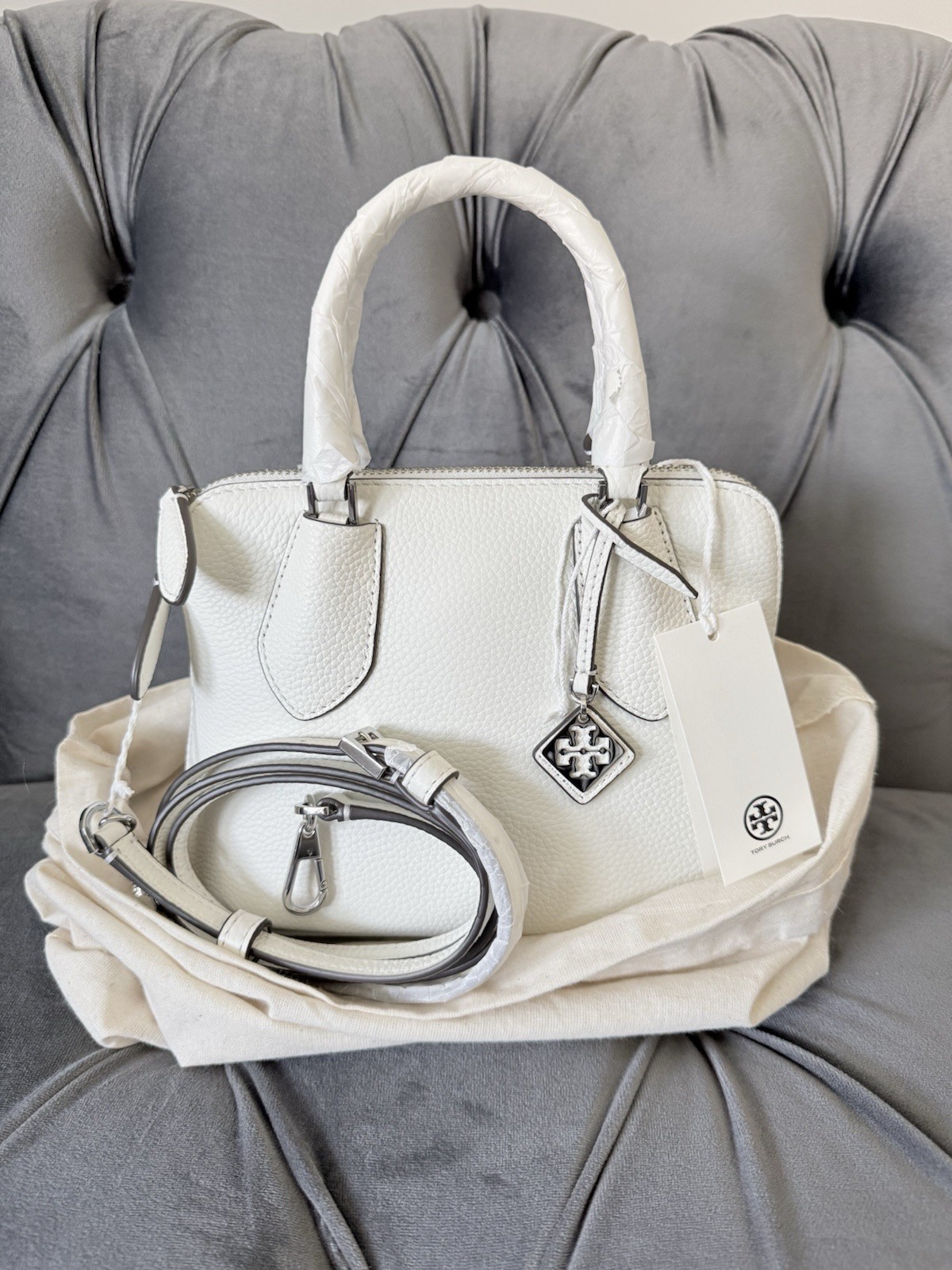 New Tory Burch Mini Swing Satchel Bag White Pebbled Leather 155619