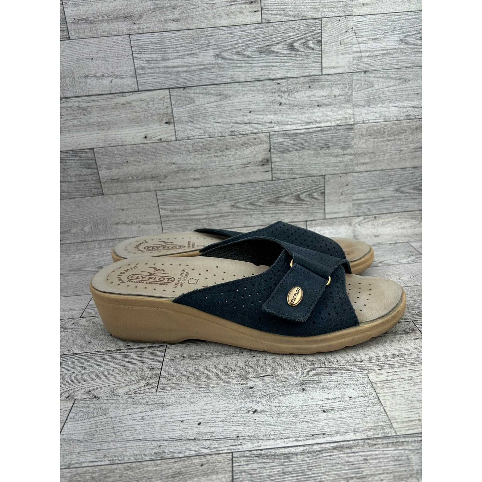 FLY FLOT Women Navy Blue Leather Perforated Slide Sandals Comfort Sz EU 39 US 8