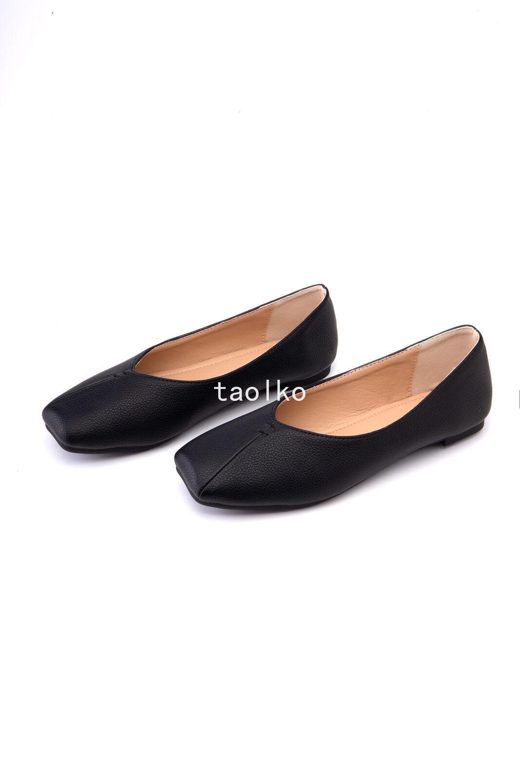 Womens Slip On Flat Square Toe Soft Faux Leather Comfort Pumps Shoes Oversize