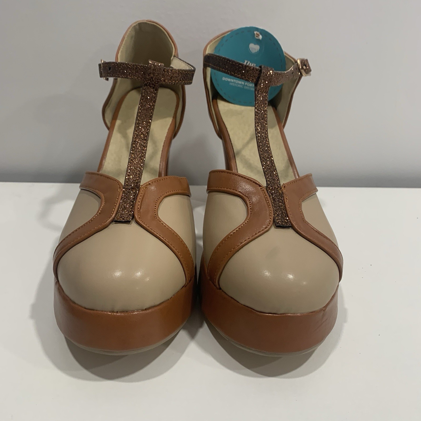 Chic Mary Jane Ankle Strap Block Heel Shoes Brown Women’s EU 38 US 7.5-8 Sparkle