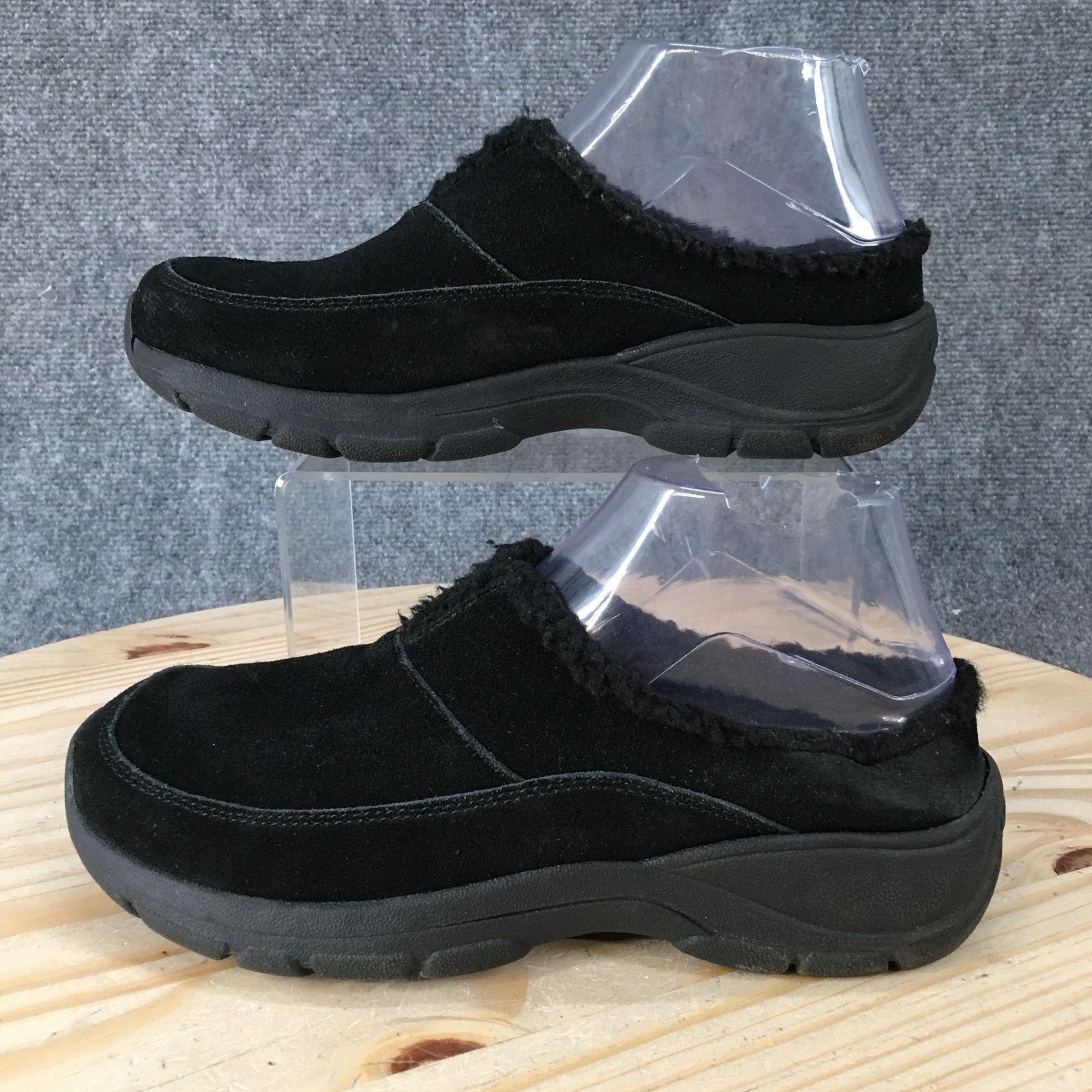 Lands End Shoes Womens 8 B Black Suede Slip On Clog Faux Fur Lined Comfort