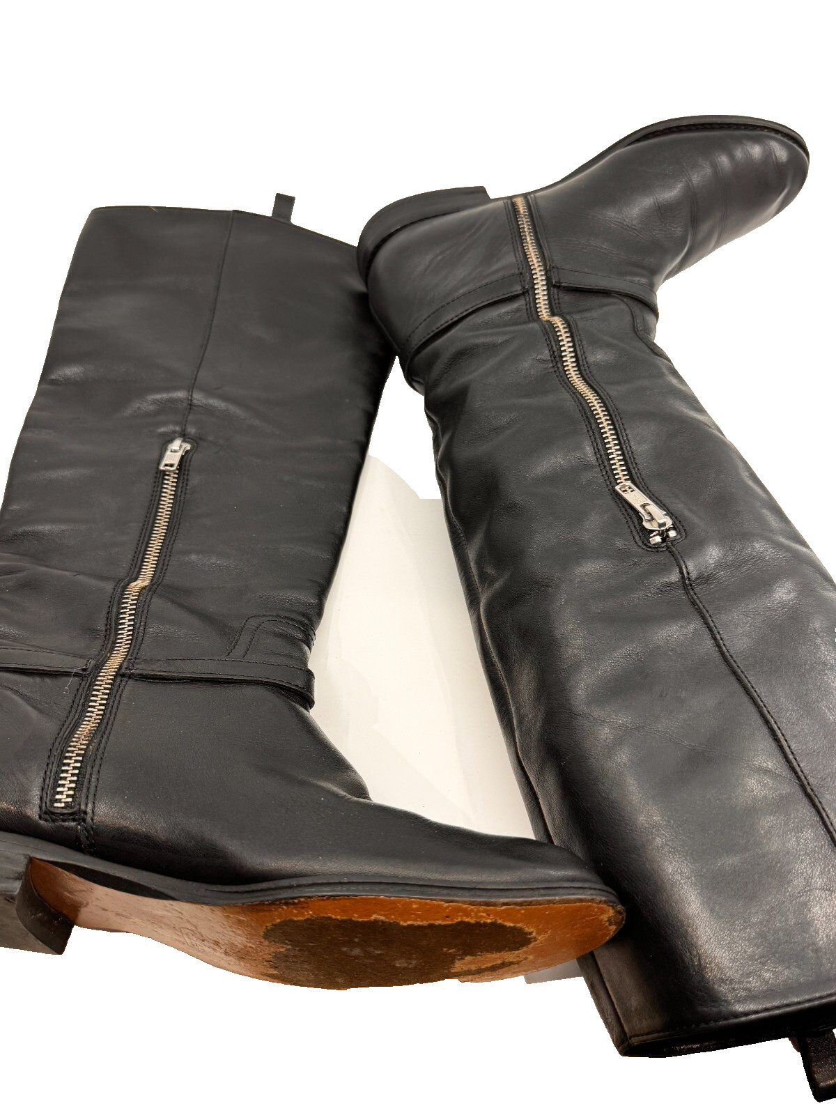 Coach Women Calve Boots Side Zip Semi Pointed SZ 7B Black Logo 1/2 Block Heel
