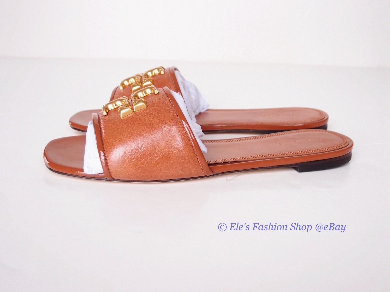 NIB Tory Burch Eleanor Leather Slides Bourbon Brown Tan US 8 8.5 9 AUTHENTC