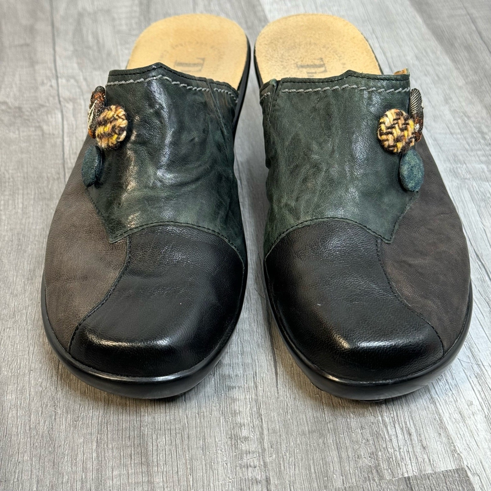 Think! Green Black Brown leather mule clog slip on shoes Size 37/ US 6