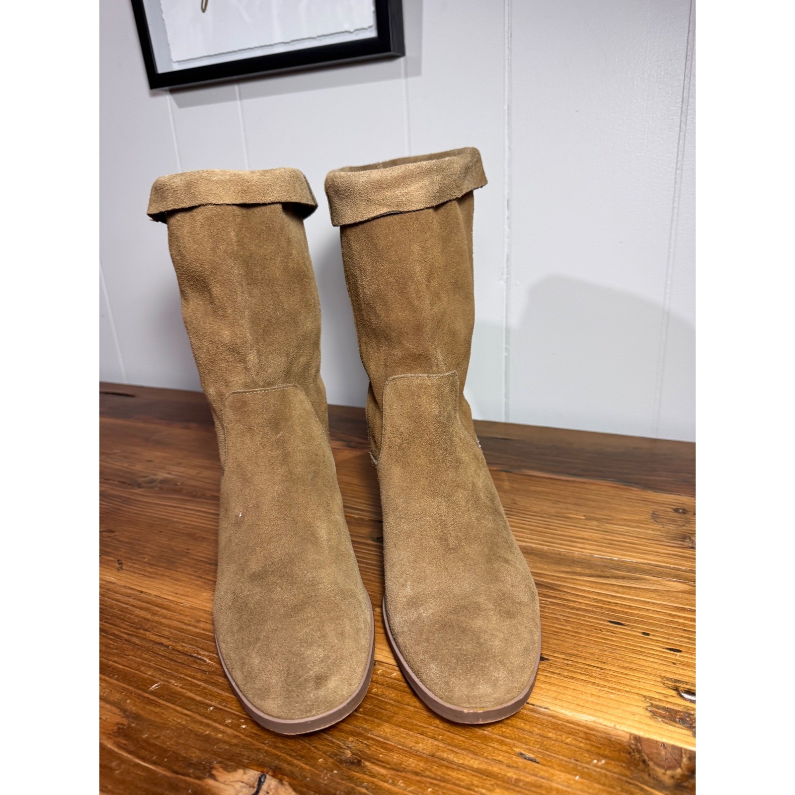 Sole Society Women’s Calanth Tan Suede Cuffed Mid Calf Boots Block Heel Size 10