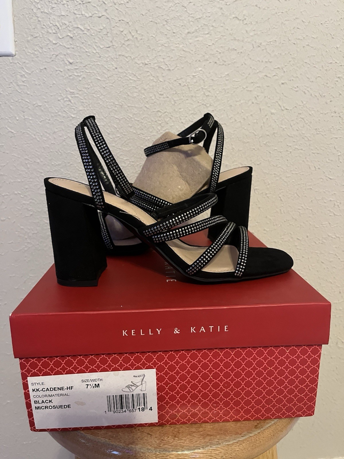 Kelly & Katie Black Microsuede Rhinestone Strappy Ankle Strap Block Heel 7.5M