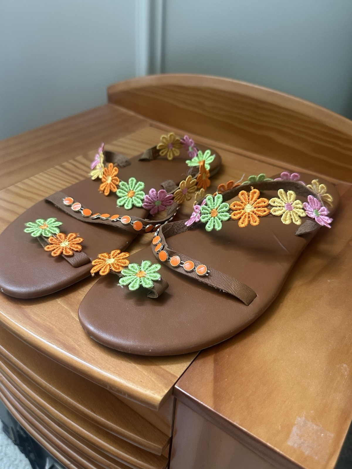 Slip-On Toe-Loop Floral Appliqué Ankle Strap Summer Sandals (EUR 43)