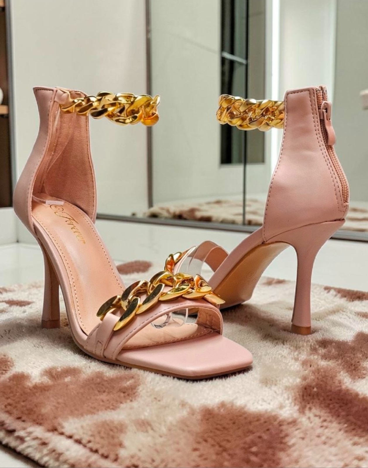 Blush Pink High Heel Sandals With Gold Chain Ankle Strap Square Toe Back Zipper