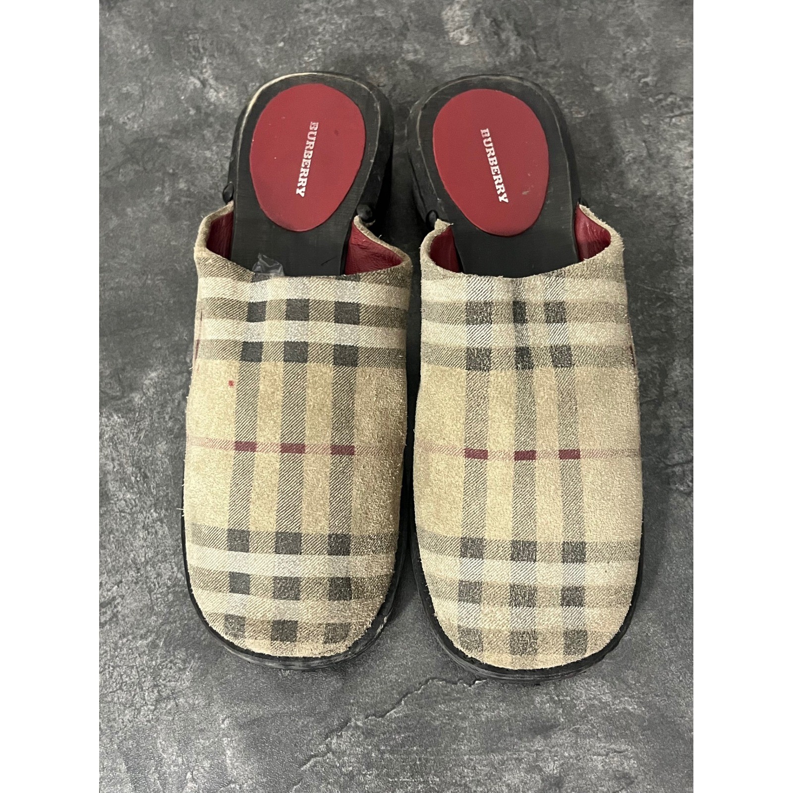 Burberry Clog Mules Women 38 Beige Nova Check Vintage Wooden Platform Heel Fair