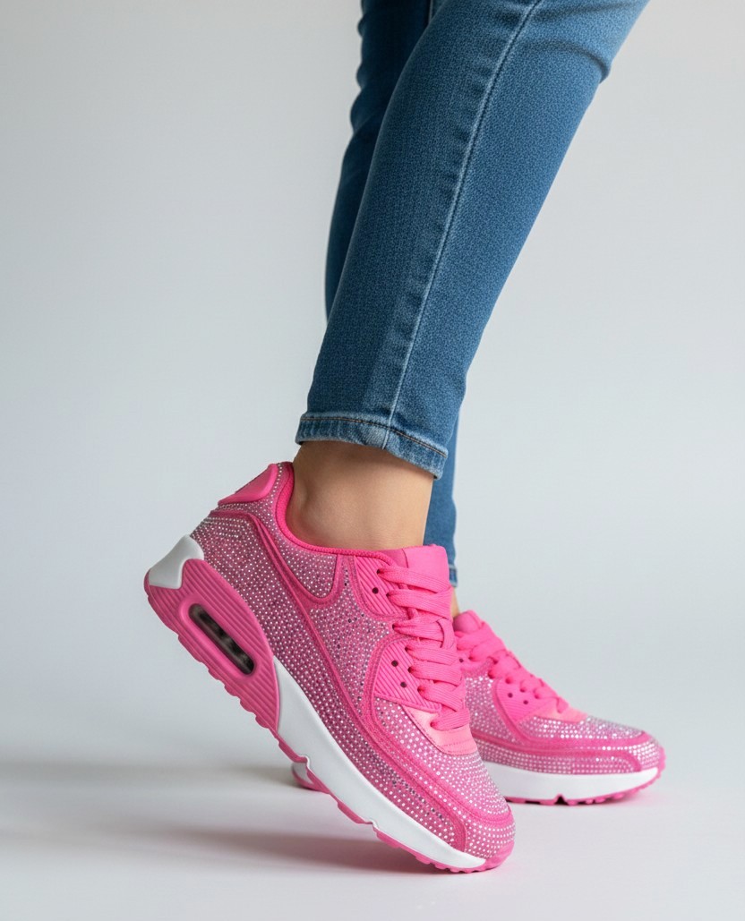 Berness Women Rhinestone Sneakers Colorful Chunky Bling Lace Up QUEEN Hot Pink
