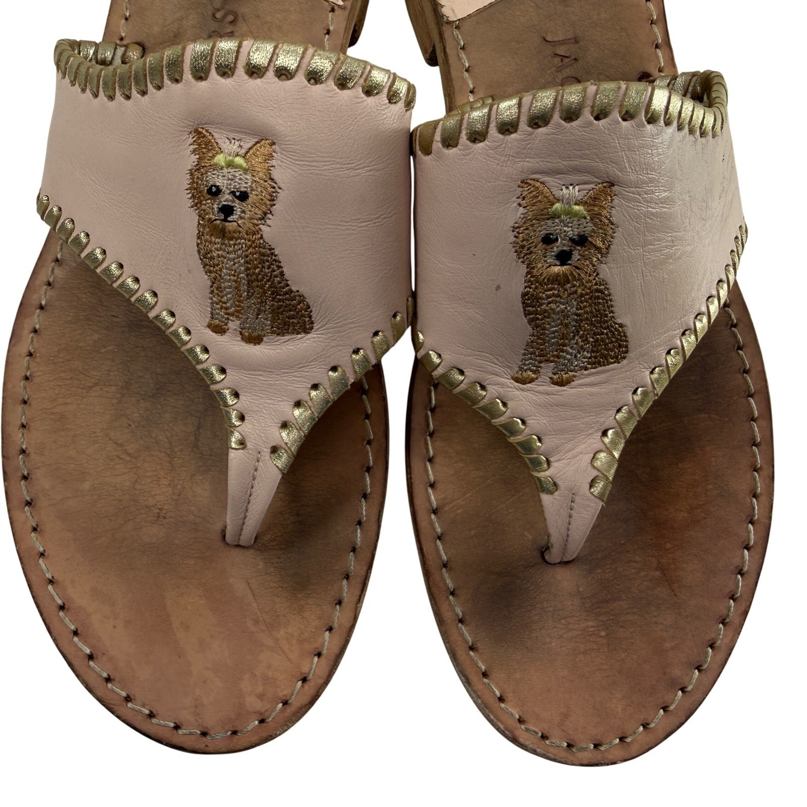 Jack Rogers Yorkshire Terrier Yorkie Dog Leather Flat Thong Sandals Women 10M