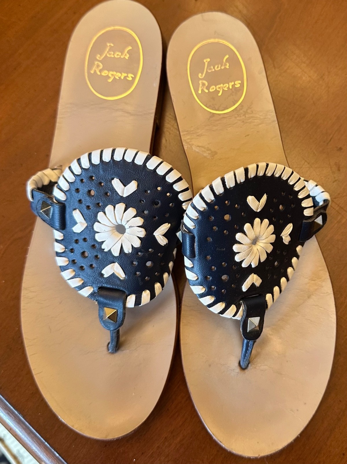 Jack Rogers Classic Jacks Sandal Navy Blue White Embroidered Whipstitch Size 8.5