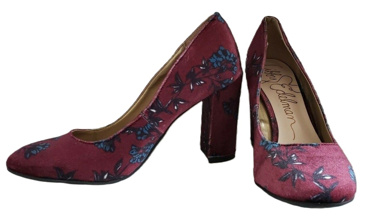 Libby Edelman Heels Size 6 M Burgundy Red Blue Floral Fabric Sean 3.5 In Pumps
