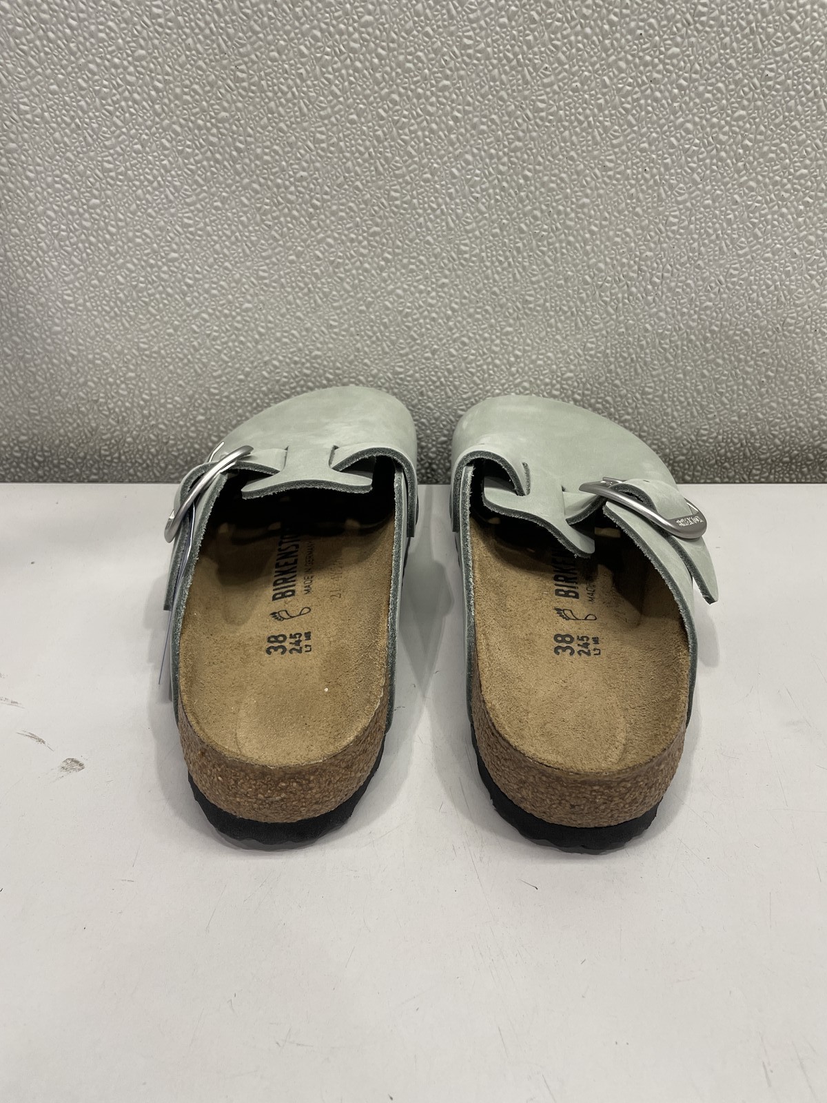 Birkenstock Boston Big Buckle Nubuck Leather Clog Unisex W7, M5 In Pure Sage