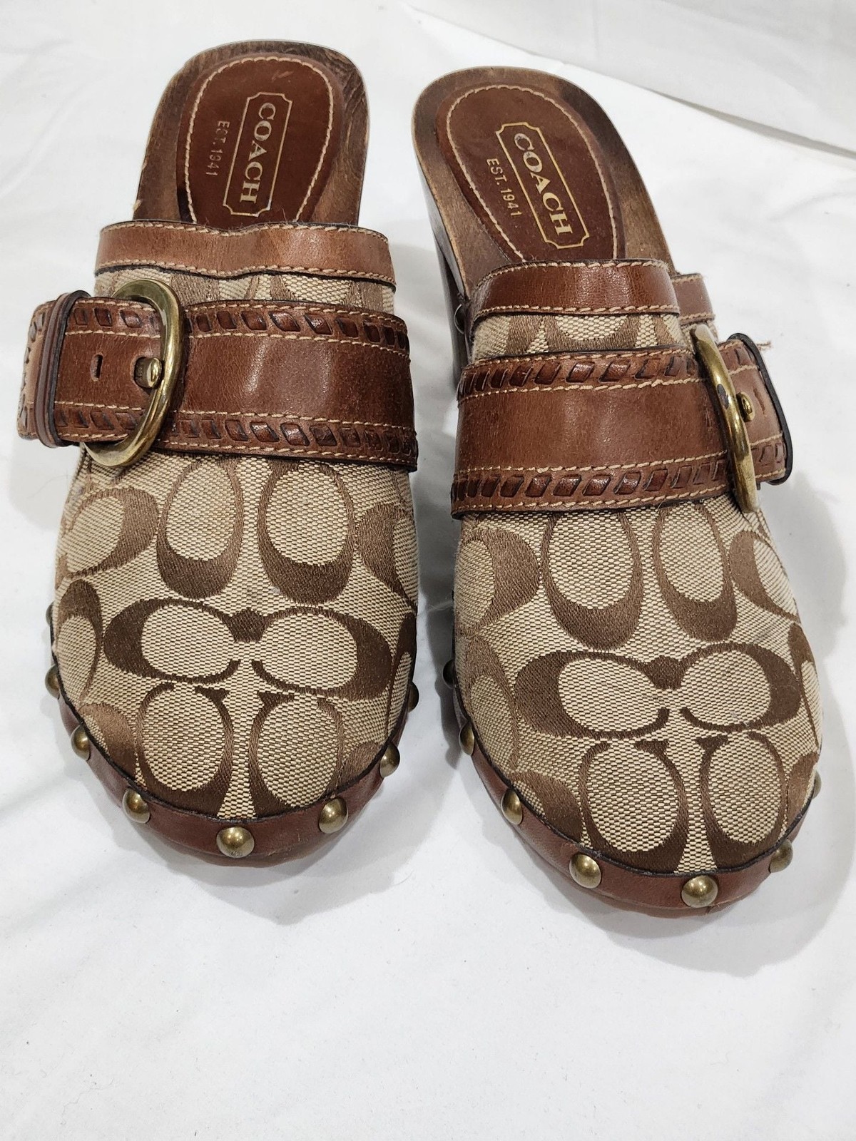 Coach Sable Signature Monogram Brown Fabric and Leather Buckle Studded Clogs