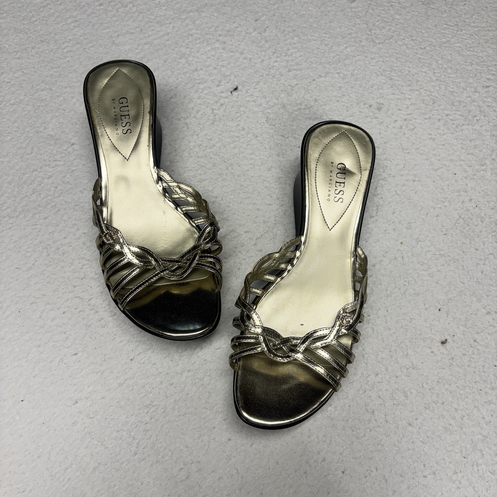 GUESS Women’s Strappy Wedge Slide Sandals Braided Accents Gold/Black US 9