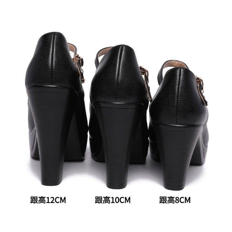 Women’s Leather Platform Block Heels Mary Jane Pump Ankle Strap Work Dress Shoes
