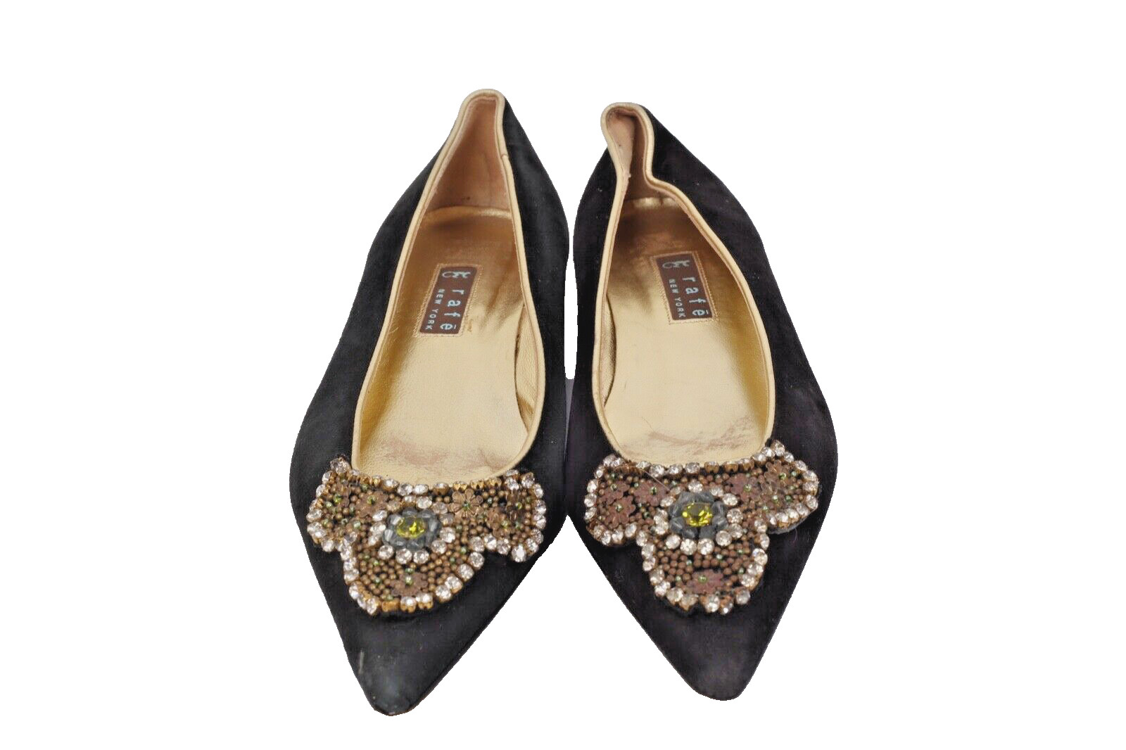 Vintage Rafe Brown Suede Beaded Rhinestone Pointed Toe Flats Boho Evening 38