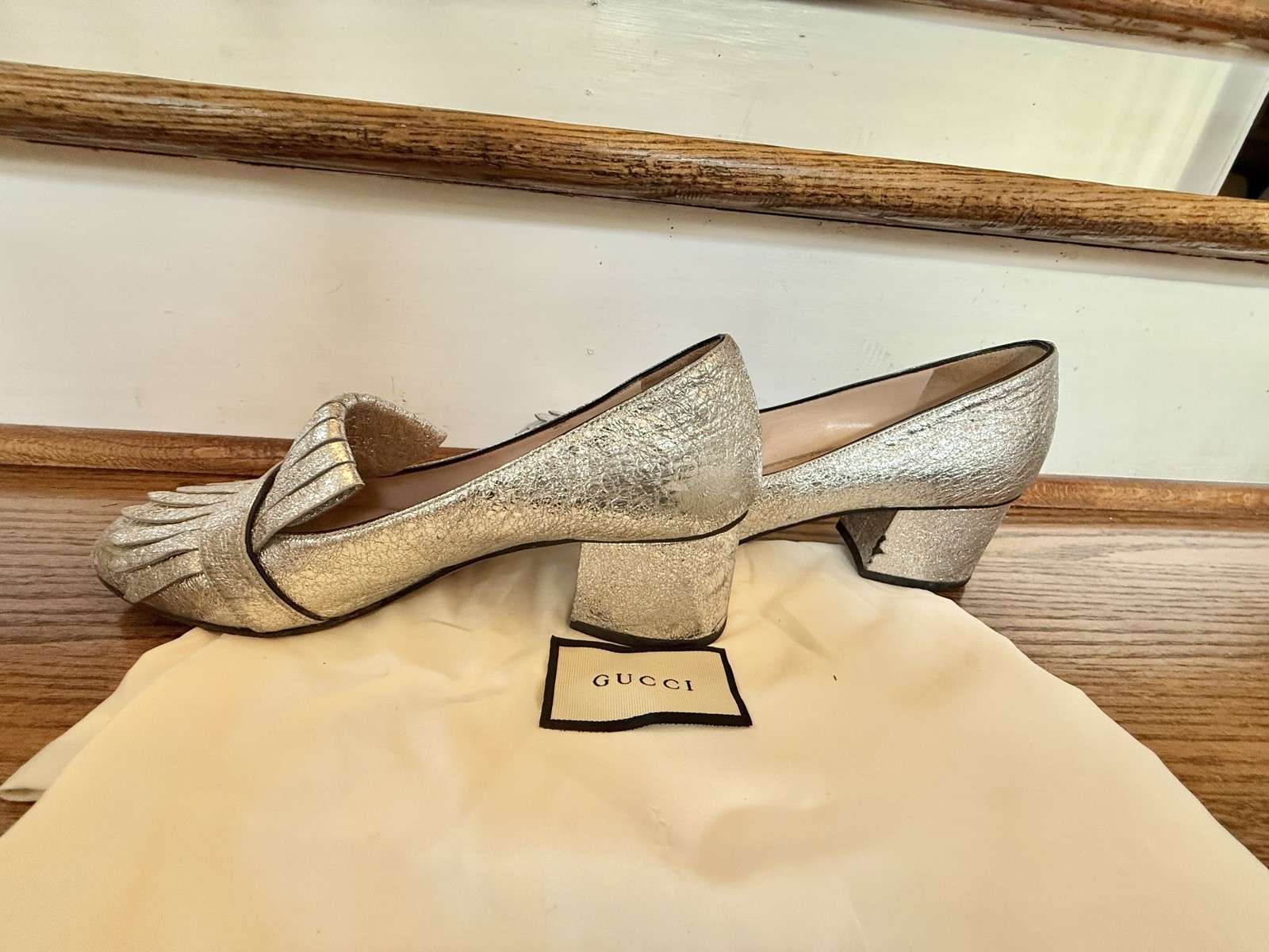 Gucci Metallic leather GG fringe Marmont 55mm Heeled Loafer pumps EU 38