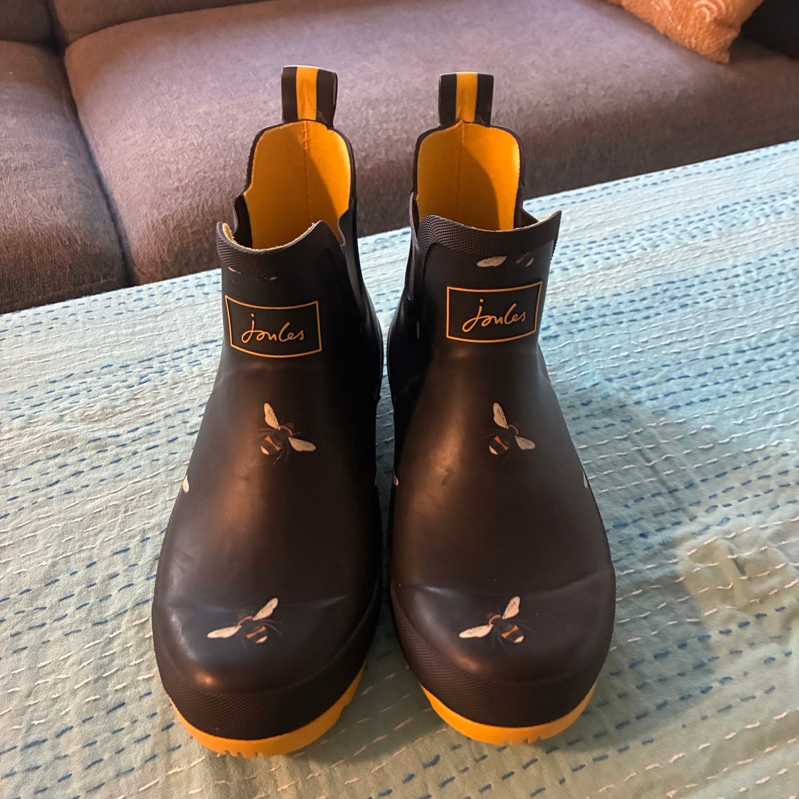 Joules Wellibob Bee Print Rain Boots Womens US 9 Black Yellow Ankle Wellies