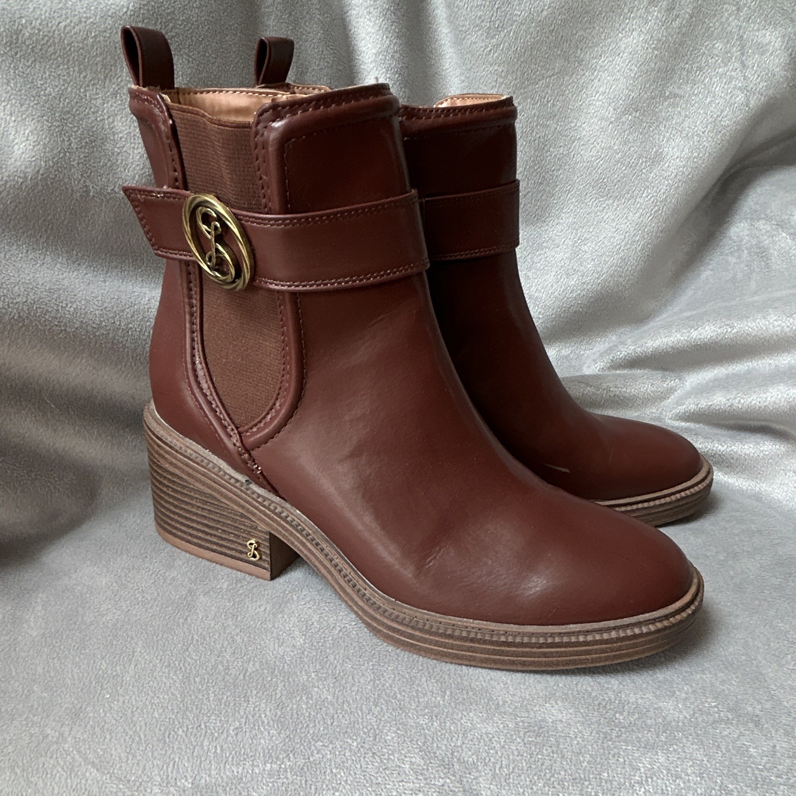 Sam Libby Natalja Women’s Brown Leather Ankle Bootie Round Toe Zip Buckle 8