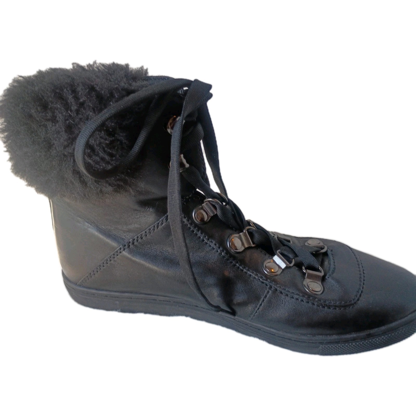 Pour La Victoire Black Leather Hi Top Sneakers Faux Fur Trim Women’s Size 7 Boot