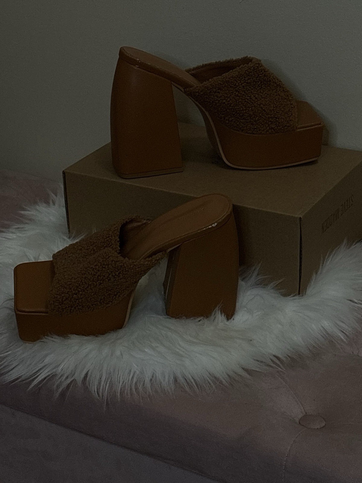 PRETTYLITTLETHING Women’s Brown Platform Square Toe Slip On Teddy Straps 5