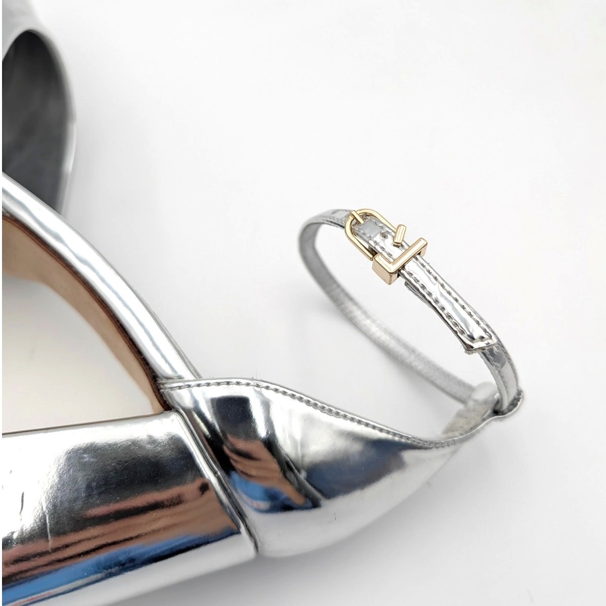 Larroude Ari Block Heel Pump Ankle Strap Women’s Silver Specchio Size US10 EU41