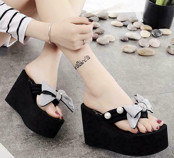 Womens High Platform Wedge Heel thongs Bowknot creepers Slippers Shoes Clip Toe