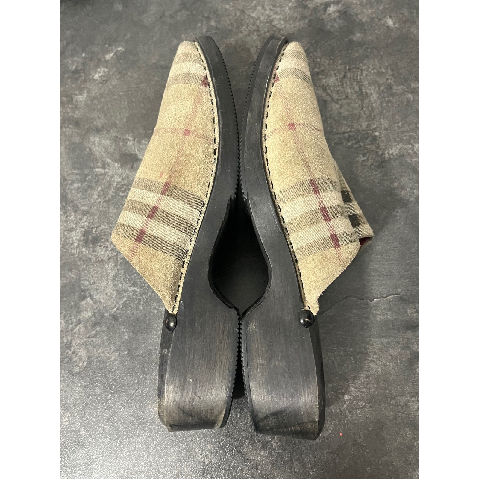 Burberry Clog Mules Women 38 Beige Nova Check Vintage Wooden Platform Heel Fair