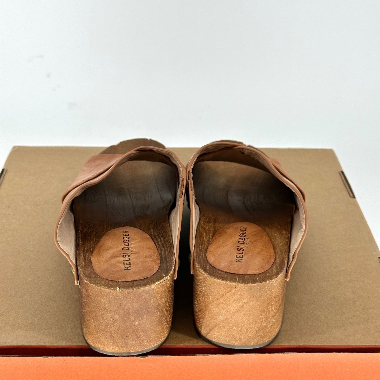 Kelsi Dagger Tan Leather Studded Clog Wood Platform Sandal Boho 8
