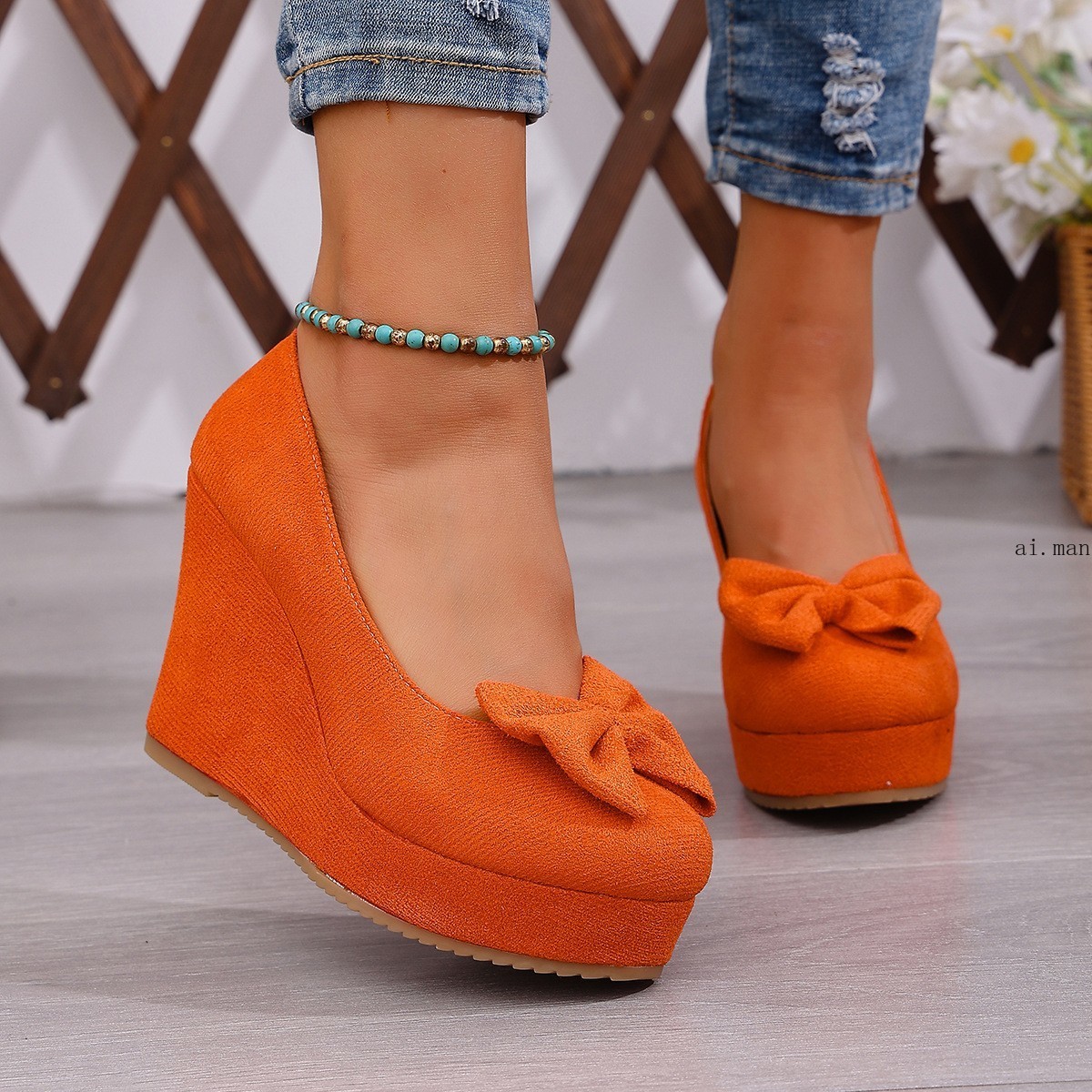 Women’s Bow-Knot Platform Wedge Pumps Slip-On Round Toe Comfort Mary Jane Shoes