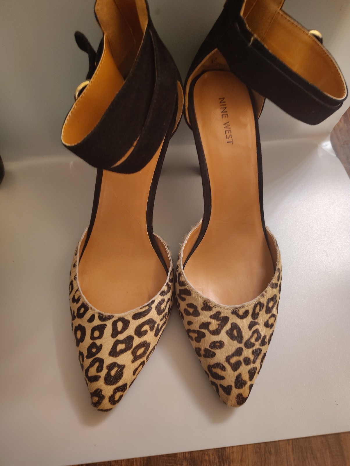 Nine West Ladies Leopard Print pointed Toe Black Suede Strap Back Zipper Heels