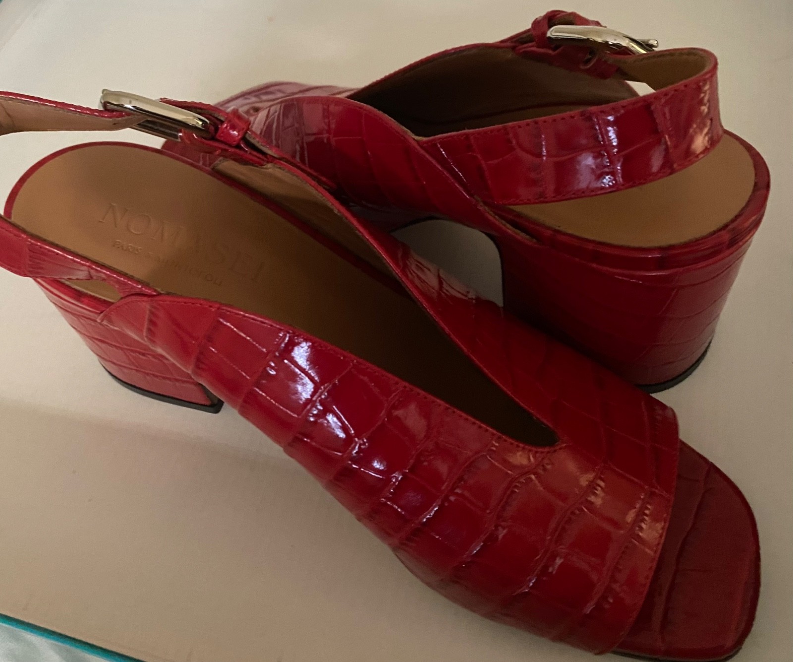 Nomasei Women’s Baghera Red Embossed Leather Slingback Sandals Size EUR 37.5