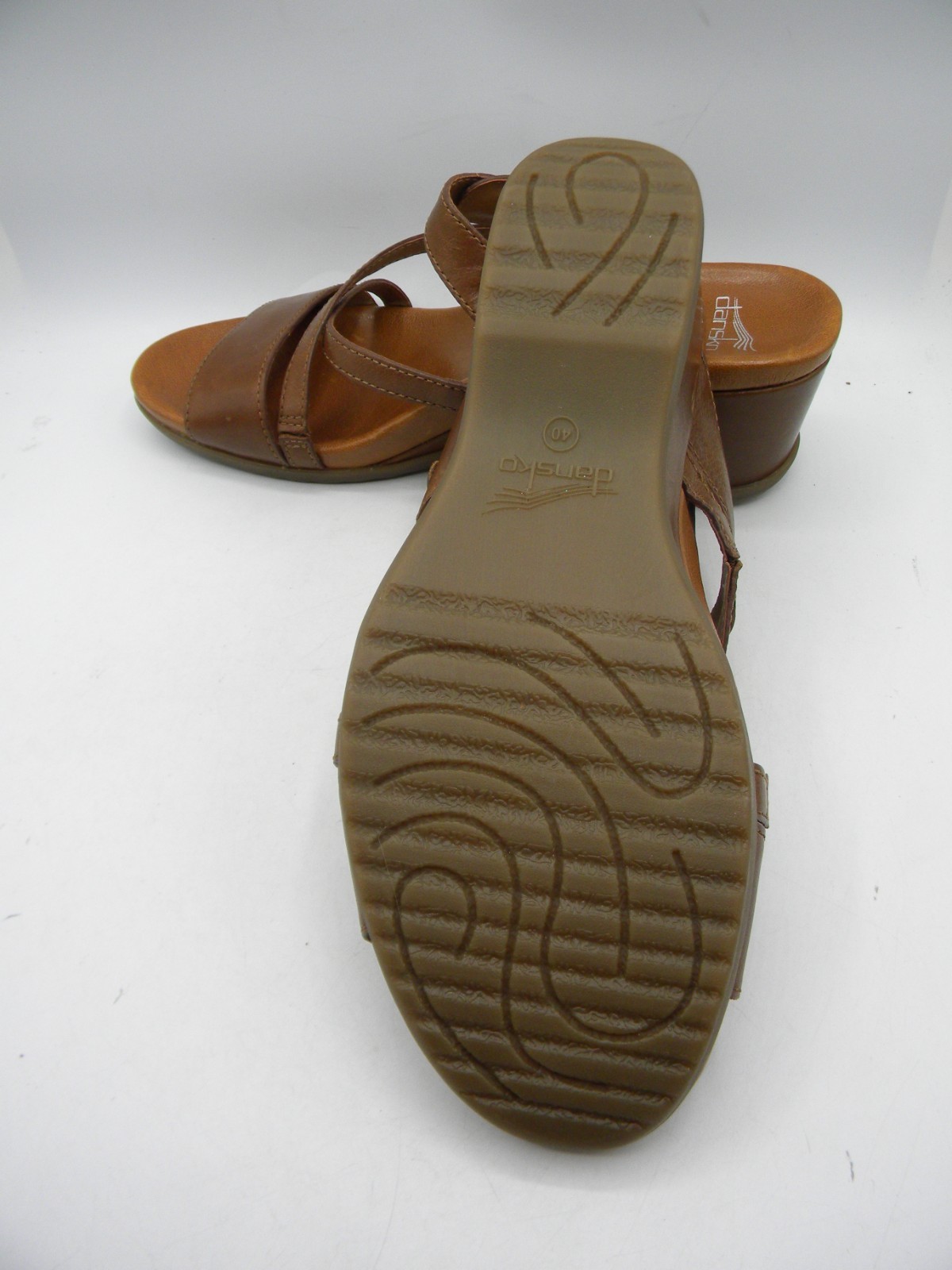 DANSKO Ana Brown Leather Wedge Heel Strappy Slide Sandals Size 40 Display