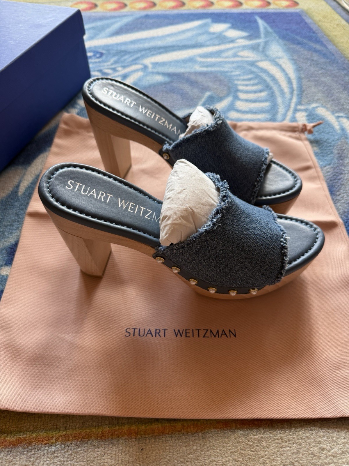 NIB $450 Stuart Weitzman Pearl Clog 85 Sandal Denim Blue Spain BOHO Size 9 AA