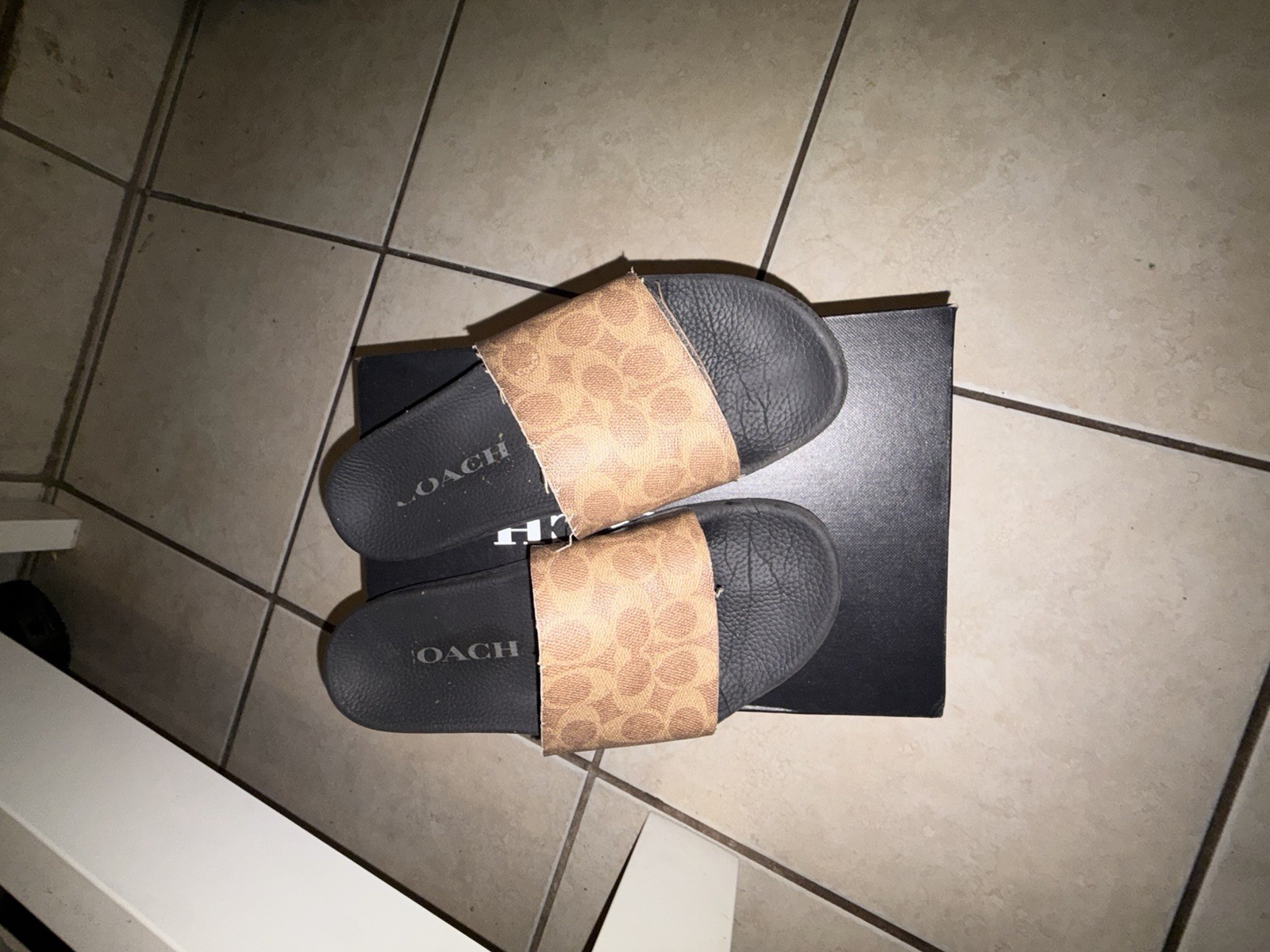 Coach Women’s Signature Leather Slide Sandals Slip On Size 10 M Black/Brown