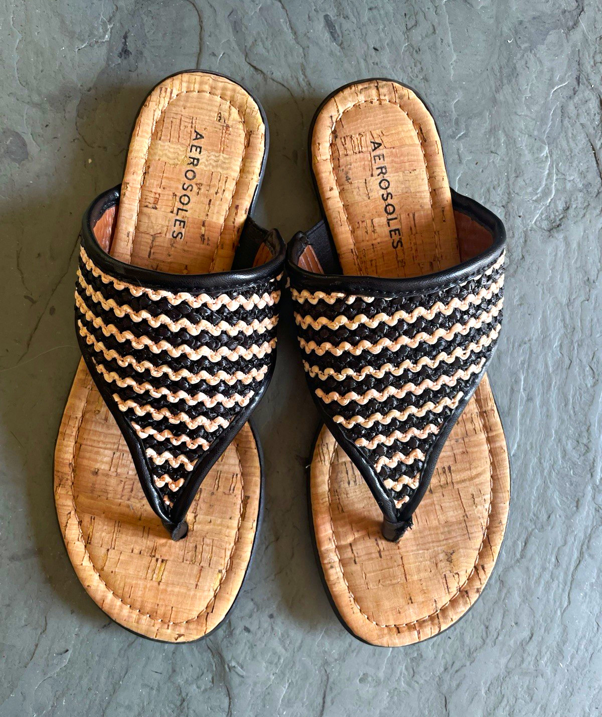 Aerosoles Thong Sandals Black and Tan Raffia Cork Insole Women’s US 7.5 M