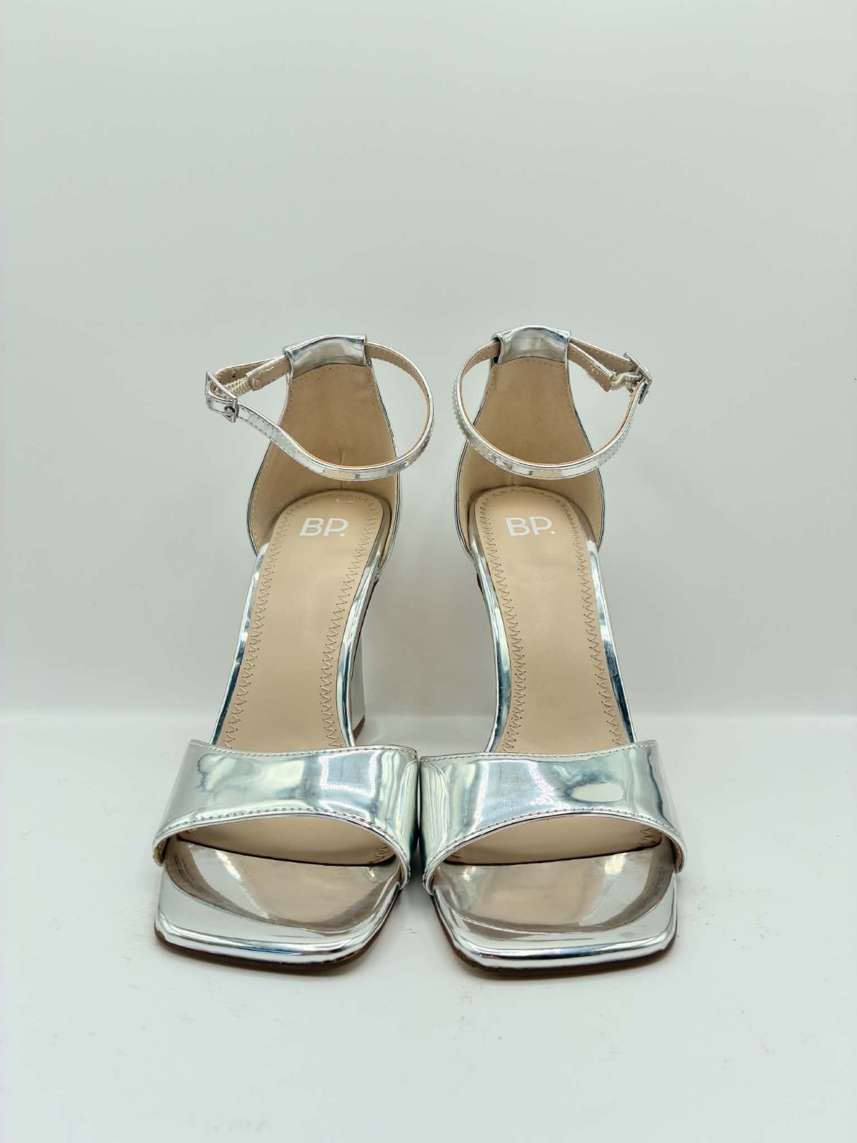 BP Silver Heel Shoes Ankle Strap Patent Upper Sandal Women Shoe Size 6 NEW