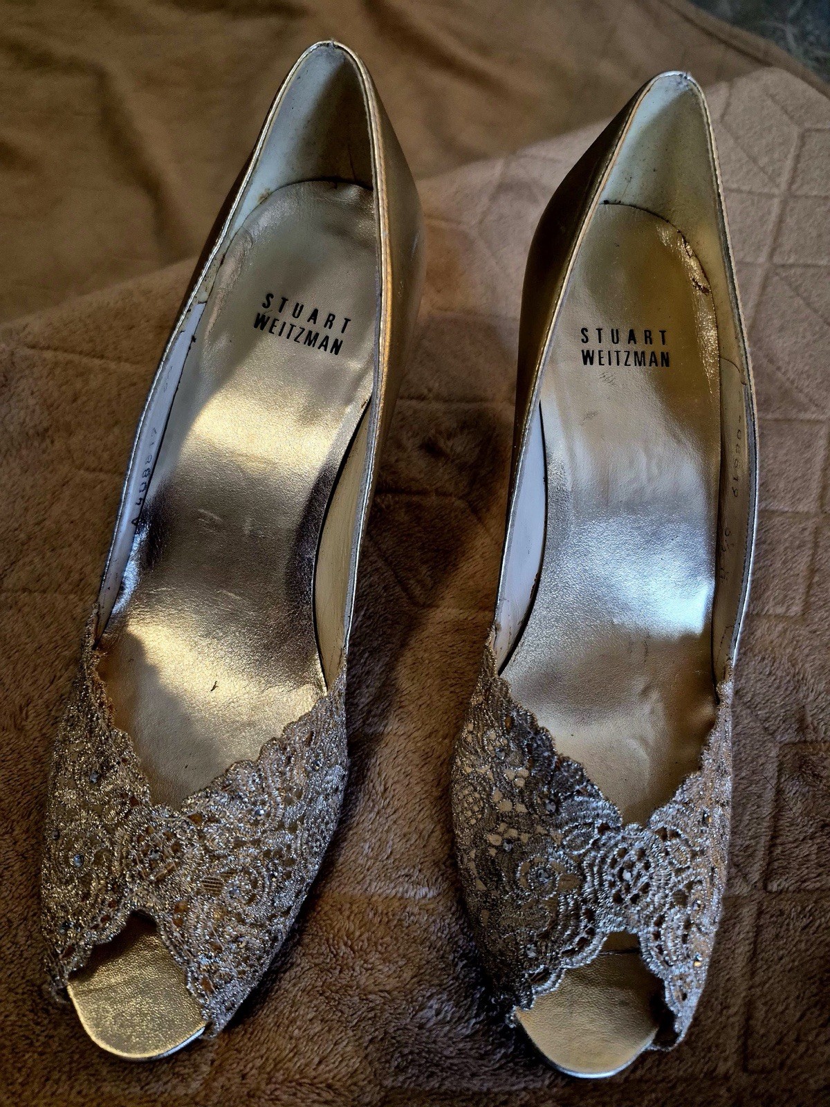 Stuart Weitzman Women’s Silver Leather Lace Peep Toe Stiletto Pumps EU 39